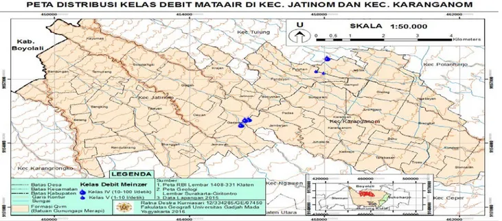 Gambar 3. Peta Distribusi Kuantitas Mataair di Kecamatan Jatinom dan Karanganom 