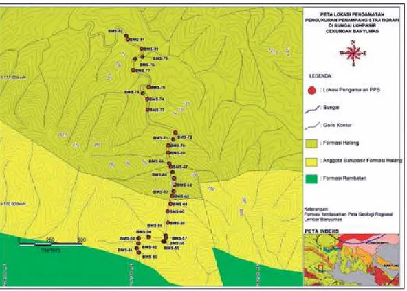 Gambar 2. Peta lokasi pengukuran penampang stratigrafi di Sungai Lohpasir, Desa Besuki, Kecamatan Lumbir,  Kabupaten Banyumas.