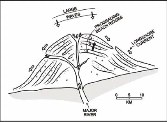 Gambar  8.  Model  wave  dominated  sub-volcano  fan  yang  diinterpretasi  sebagai  model  geometri  sebaran batupasir turbidit Formasi Halang di Cekungan Banyumas.