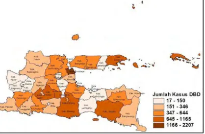 Gambar 4.1 Persebaran Jumlah Kasus DBD di Jawa Timur (Y)  Gambar 4.1 di atas menunjukkan persebaran jumlah kasus  DBD  di  setiap  Kabupaten/Kota
