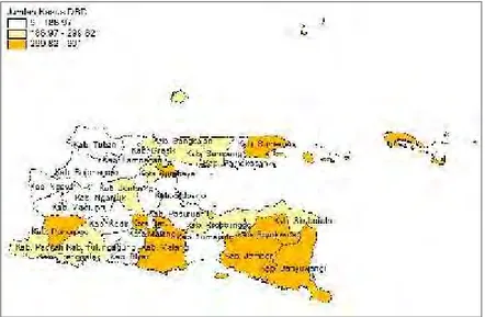 Gambar 4.1 Penyebaran Jumlah Kasus DBD di Jawa Timur Gambar  4.1  diatas  menunjukkan penyebaran jumlah kasus DBD di setiap kabupaten/kota di Jawa Timur