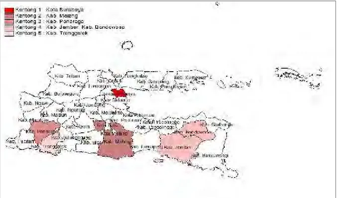 Gambar 4.7 Hasil Pendeteksian 5 Kantong Paling Beresiko DBD di Jawa Timur Tahun 2014 dengan Permodelan Regresi Binomial Negatif
