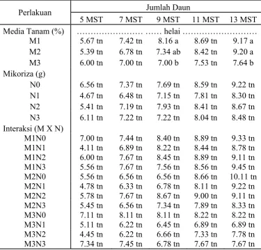 Tabel 6. Rataan jumlah daun 5-13 MST (mm) pada media tanam dan     pemberian mikoriza vesikula arbuskula 