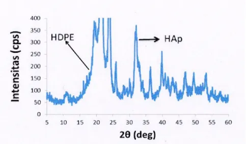 Gambar 4. Pola difraksi sinar - X sampel HDPE/HAp (2:1) 