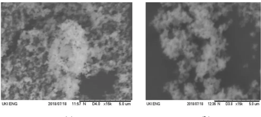 Gambar 6. Hasil analisis dengan SEM terhadap morfologi permukaan dari (a) MnFe2 O 4  EN12 dan (b) MnFe 2 O 4 