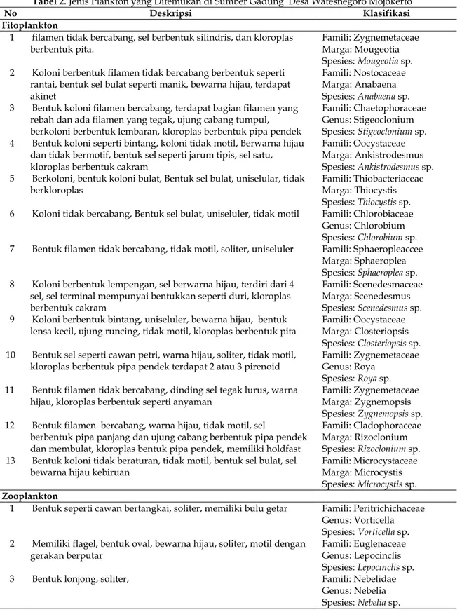 Tabel 2. Jenis Plankton yang Ditemukan di Sumber Gadung  Desa Watesnegoro Mojokerto 