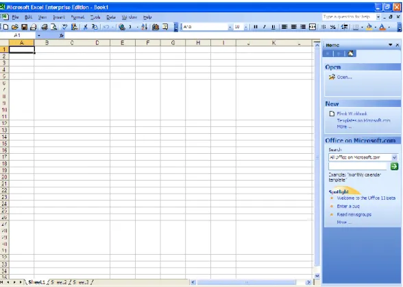 Gambar 2. Tampilan MS Excel 2003 dengan Menu dan Baris Ikon di bawahnya. 