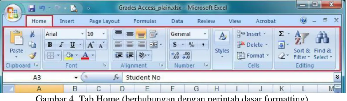 Gambar 4. Tab Home (berhubungan dengan perintah dasar formatting) 