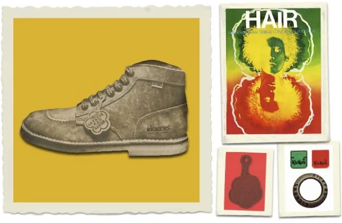 Gambar 1.1: Poster Musikal “Hair”, sepatu Kickers pertama, serta atribut