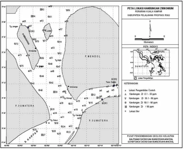 Gambar 1. Peta lokasi kandungan Zirconium di perairan Kuala Kampar, Riau. 