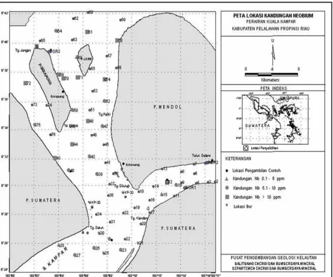 Gambar 3. Peta lokasi kandungan Neobium di perairan Kuala Kampar, Riau.  •  Kandungan tantalum lebih dari 10 ppm 