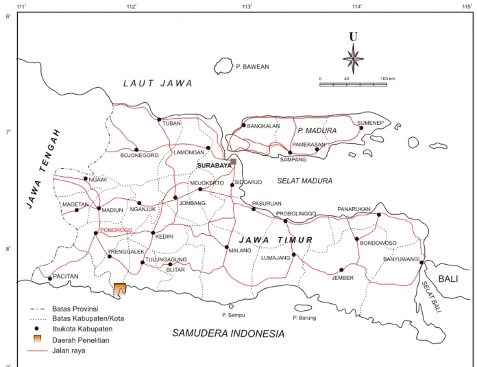 Gambar 1. Peta  lokasi daerah penelitian di Trenggalek, Jawa Timur.