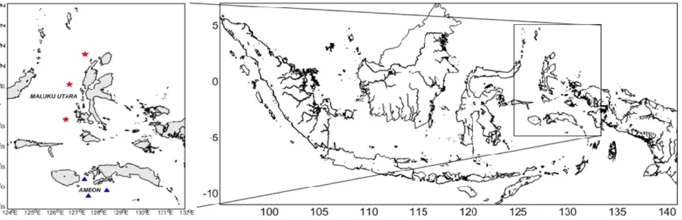 Gambar 1. Lokasi sampling (Bintang merah = Maluku Utara, segitiga biru = Ambon (Akbar et al., 2014)