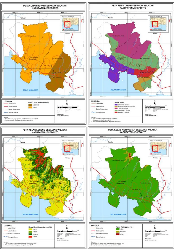 Gambar  3.  Peta  kondisi  iklim  (curan  hujan),  kondisi  fisik  lahan  (jenis  tanah,  kemiringan  lereng,  dan  ketinggian) di Kabupaten Jeneponto 