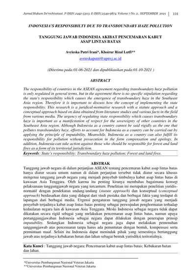 INDONESIA S RESPONSIBILTY DUE TO TRANSBOUNDARY HAZE POLLUTION TANGGUNG ...