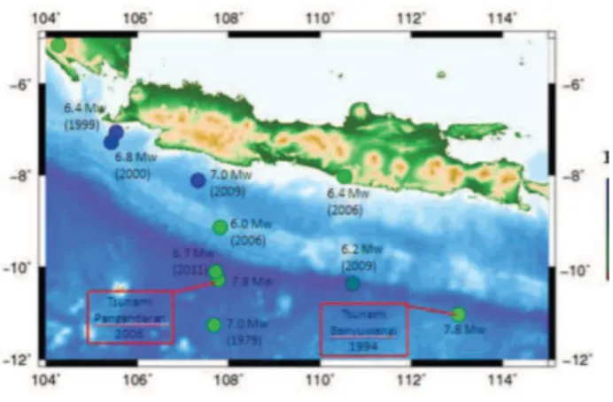Gambar 1.  Peta sejarah gempa dan tsunami di selatan 