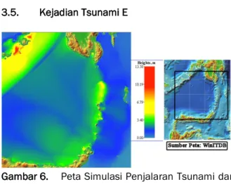 Gambar 6.  Peta Simulasi Penjalaran Tsunami dari  Pusat  Gempabumi 6 LU dan 122 BT  dengan Magnitudo 8,7 SR