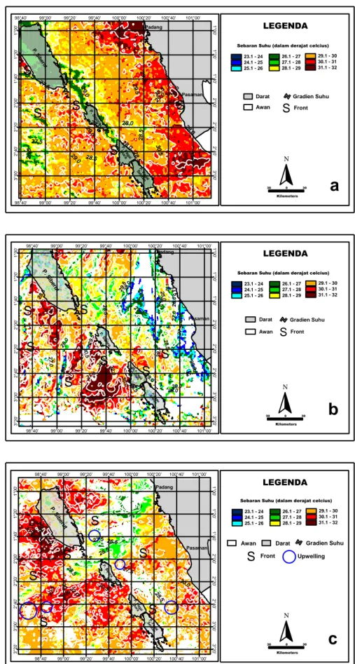 Gambar 2 Citra SPL di Perairan Mentawai Musim Timur (Juni 2006 (a), Juli 2006 (b) dan Agustus  2006 (c)) 