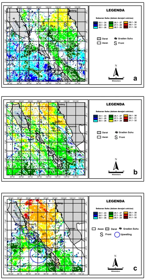 Gambar  3  Citra  SPL  di  Perairan  Mentawai  Musim  Peralihan  Timur-Barat  (September  2006  (a),  Oktober 2006 (b) dan Desember 2006 (c)) 