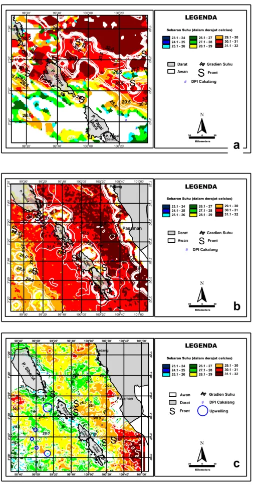 Gambar  5  Citra  SPL  di  Perairan  Mentawai  Musim  Peralihan  Barat-Timur  (Maret  2007  (a),  April  2007 (b) dan Mei 2007 (c)) 