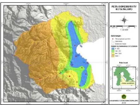 Gambar  2 merupakan  peta  isoresistivitas  Kota  Palopo  pada  kedalaman  5  m. Dalam  peta  tersebut  dapat  dilihat  bahwa  kawasan  yang  memiliki  potensi  air  tanah terletak pada bagian timur atau daerah pesisir Kota Palopo