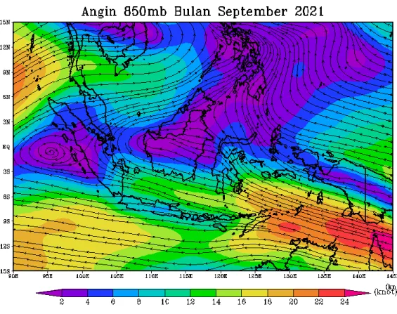 Gambar 6.  Rata-Rata Angin Lapisan 850 mb di Wilayah Indonesia Bulan September 2021  (Sumber: https://extreme.kishou.go.jp/itacs5/, JMA, 2021) 
