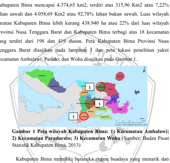 Gambar  1  Peta wilayah  Kabupaten  Bima:  1)  Kecamatan  Ambalawi; 