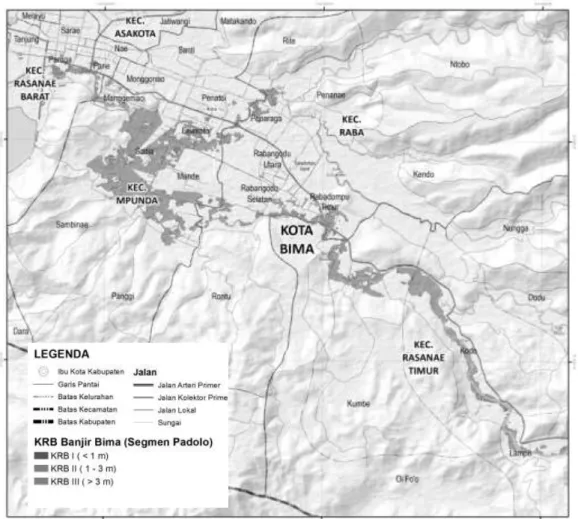 Gambar 6. Peta kawasan rawan banjir di Kota Bima berdasarkan hasil pemodelan banjir pada Q100 di  segmen DAS Padolo 