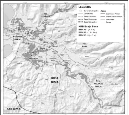 Gambar 4. Peta kawasan rawan banjir di Kota Bima berdasarkan hasil pemodelan banjir pada Q100  Sumber: Hasil analisis penulis, 2017 