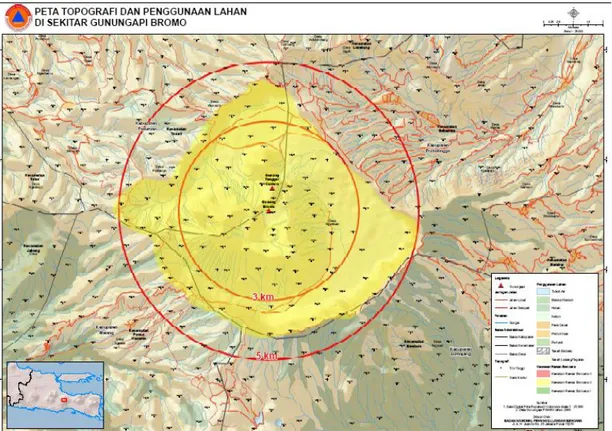 Gambar  1.  Radius  pengaruh  erupsi  Gunung  Bromo,  pada jarak  3  km  dan  5  km  dari  pusat 