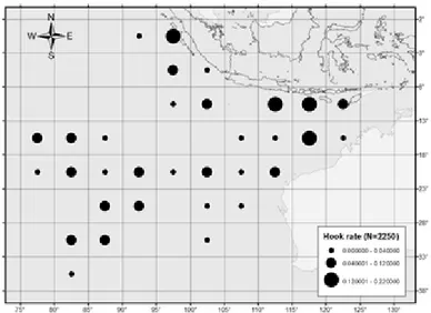 Gambar 4. Sebaran laju pancing madidihang di Samudera Hindia bagian timur tahun 2005-2013