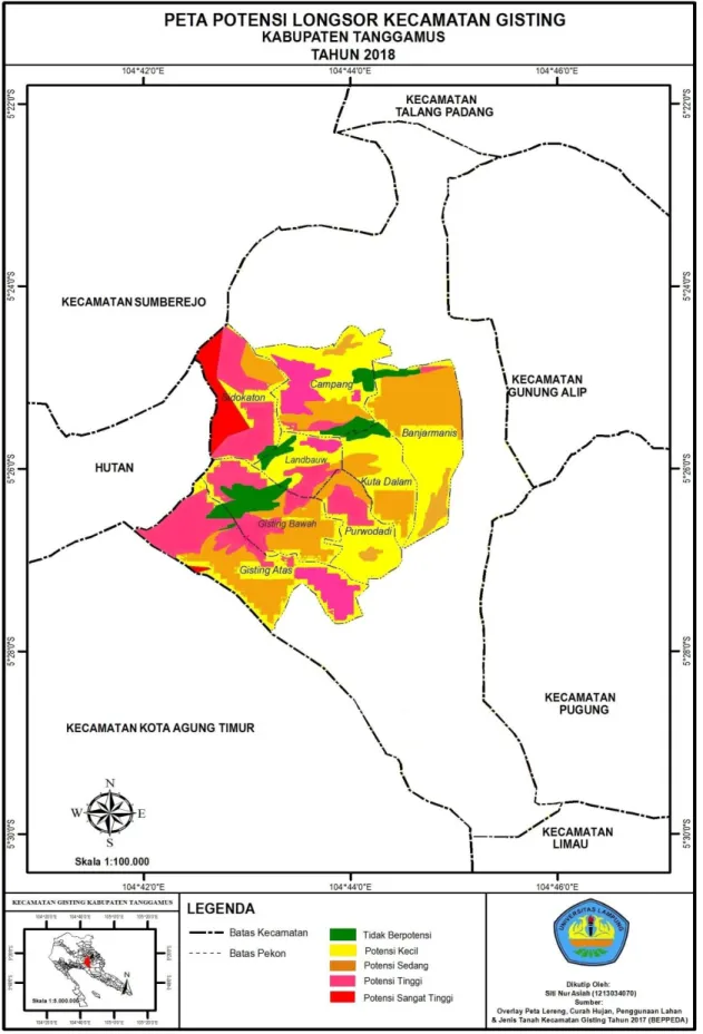 Gambar 4. Peta Potensi Longsor Kecamatan Gisting tahun 2018.