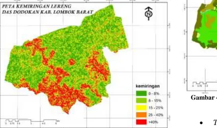Gambar 3.  Peta kemiringan lereng DAS Dodokan Kab. Lombok  Barat. 