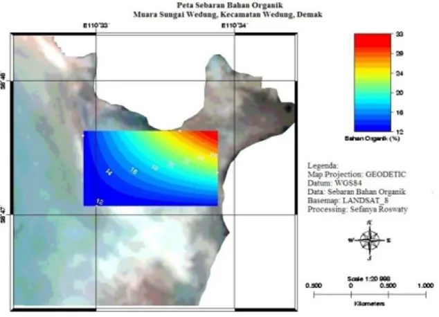 Gambar 5. Peta Sebaran Bahan Organik Muara Sungai Wedung Kecamatan Wedung, Demak  Berdasarkan  peta  sebaran  laju  sedimentasi  diatas  urutan  nilai  laju  sedimentasi  terendah  sampai  tertinggi  dimulai  dari  L1,  L2,  M2  dan  terendah  di  M1