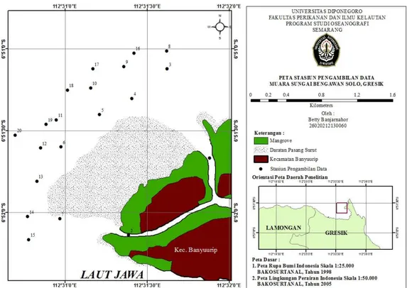 Gambar 1. Peta Stasiun Pengambilan Data di Perairan Muara Sungai Bengawan Solo, Gresik