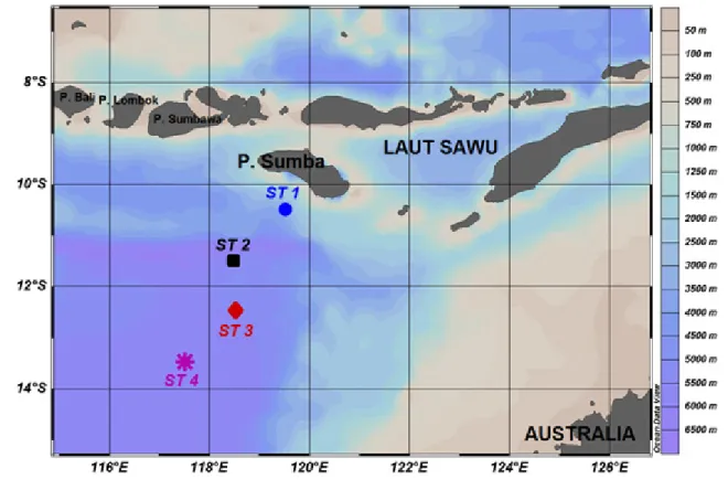 Gambar 1. Peta titik lokasi kajian / stasiun CTD, perairan P. Sumba – NTT.