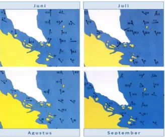 Gambar  7  menunjukkan  bahwa  selama  musim  timur,  seretan  arus  dari  Laut  Jawa  yang  bergerak  ke  barat  terdorong  ke  utara  saat  memasuki  Selat  Karimata  dan  menjadi  sumber  aliran  arus  di  perairan  Pulau  Batam