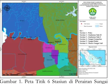 Gambar  1.  Peta  Titik  6  Stasiun  di  Perairan  Sungai  Siak Sekitar Kota Pekanbaru 