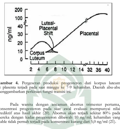 Gambar  4. Pergeseran  produksi  progesteron  dari  korpus luteum ke plasenta  terjadi  pada  saat  minggu  ke  7-9  kehamilan
