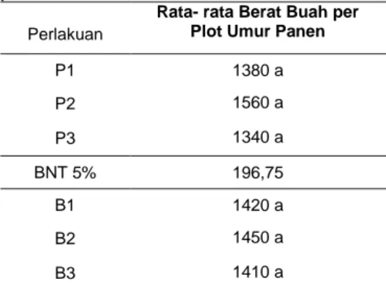 Tabel  5.  Rata-rata  Berat  Buah  per  Tanaman  (gr)  pengaruh  dosis  pupuk  Petroganik  dan  dosis  pupuk  hayati  Petrobio  pada  saat  umur  panen 