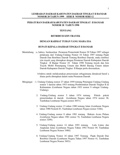 LEMBARAN DAERAH KABUPATEN DAERAH TINGKAT II BANJAR NOMOR 20 TAHUN 1999 ...