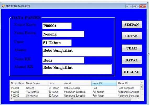 Gambar 6 GUI menu entry data pasien sistem informasi rawat jalan berbarcode 