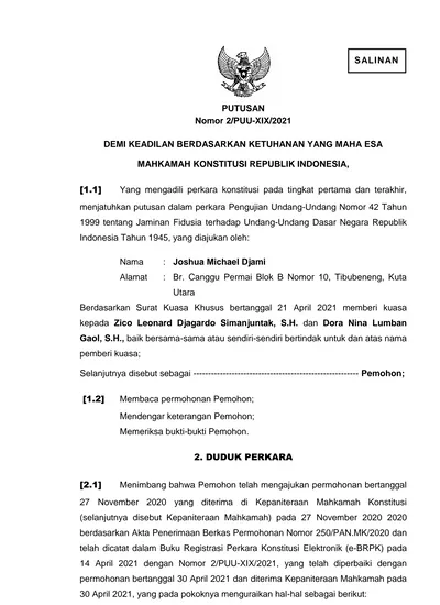 PUTUSAN Nomor 2/PUU-XIX/2021 DEMI KEADILAN BERDASARKAN KETUHANAN YANG ...