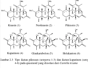 Gambar 2.3 Tipe ikatan pikrasan (senyawa 1-3) dan ikatan kaparinon (senyawa  