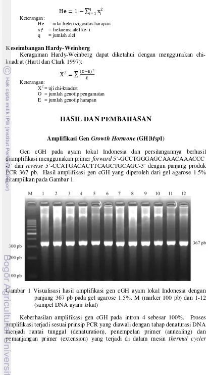 Gambar 1 Visualisasi hasil amplifikasi gen cGH ayam lokal Indonesia dengan 