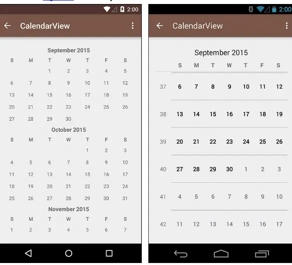 Figure 2.7 The CalendarView in Android 5.0 (left) and 4.3 (right)