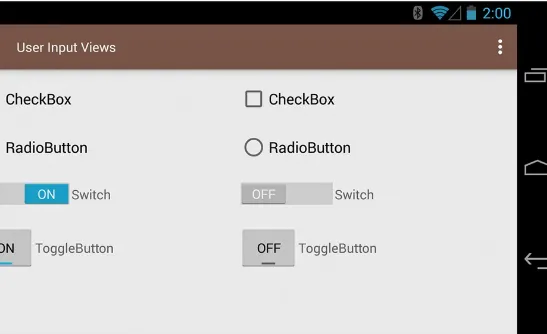 Figure 2.8 An example of with on (left) and off (right) states; the top image shows Android 5.0’s styles and the bottom imageCheckBox, RadioButton, Switch, and ToggleButtonshows the same thing on Android 4.3 with an earlier version using the support library