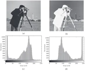 Figure 3.1 The Cameraman image: (a) original version; (b) flipped version; (c) original image histogram; (d) flipped image histogram.