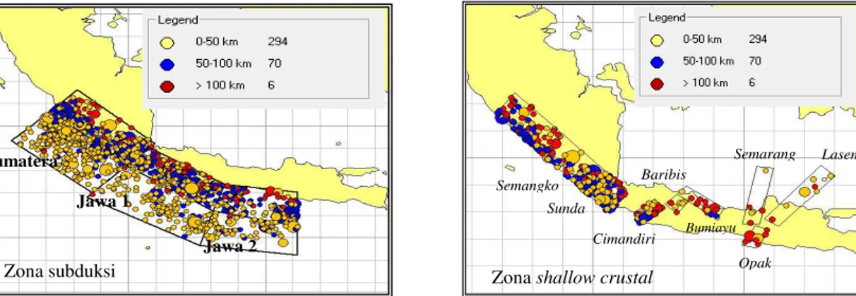 Gambar  6. Pemodelan untuk zona Subduksi dan zona Transformasi/ShallowCrustal dengan  momen magnitude 5&gt;Mw&gt;8.5 pada segmen Jawa 