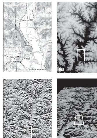 Figure 1.20Representations of topographic data. (indicate area enlarged in (simulated illumination from the north